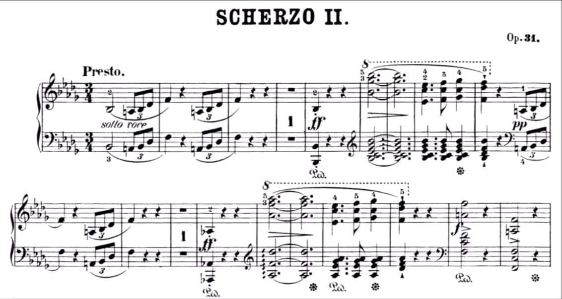 蕭邦：bB 小調第2號詼諧曲，樂曲開頭為3/4拍拍號。