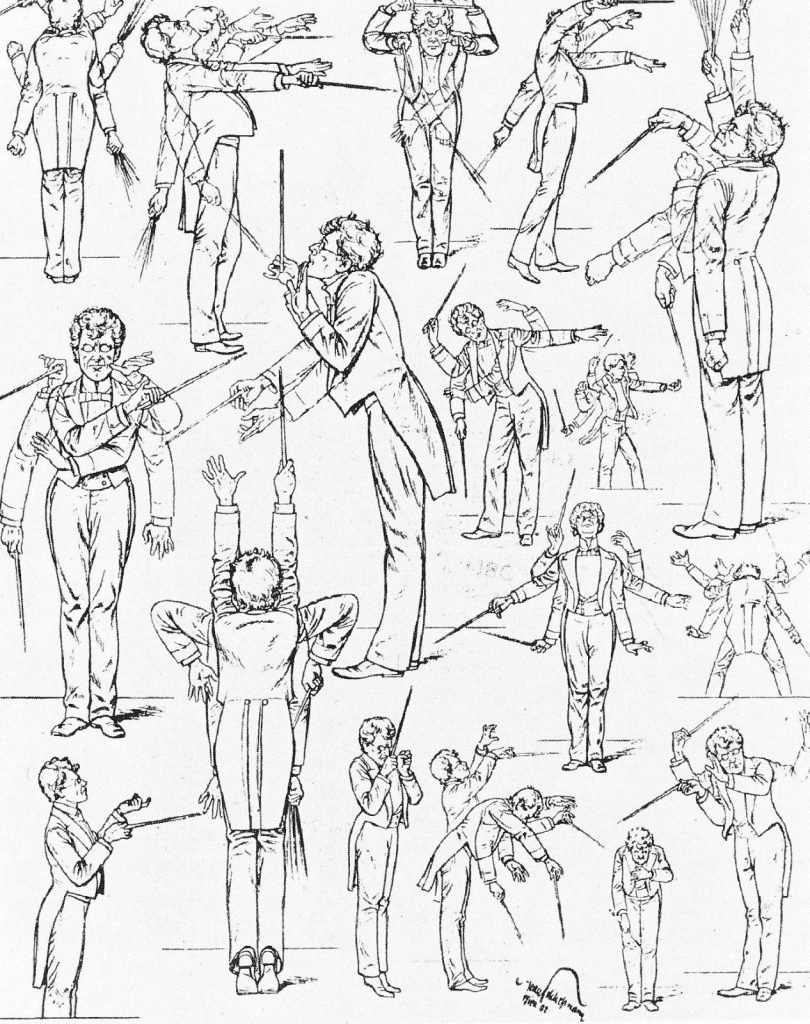 馬勒多樣化的指揮姿態，1901年被半諷刺地畫為漫畫，刊載於雜誌上 | Mahler's conducting style, 1901, caricatured in the humor magazine Fliegende Blätter