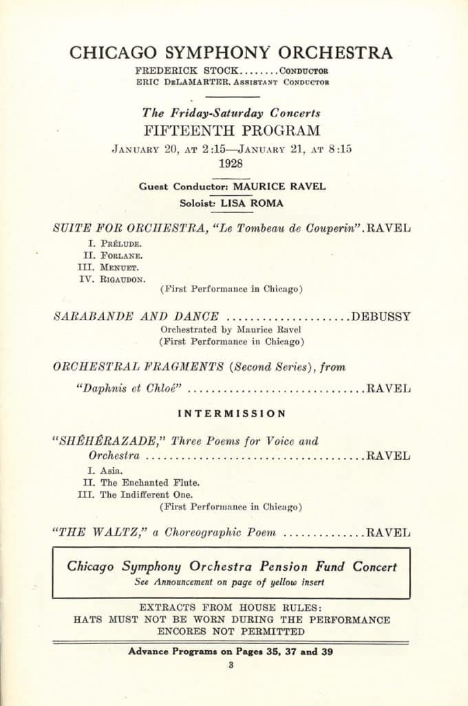 The program including Ravel's Sheherazade (with mezzo-soprano Lisa Roma), Daphnis and Chloe Suite no. 2, Le tombeau de Couperin, La valse, and his orchestration of Debussy’s Sarabande and Dance.